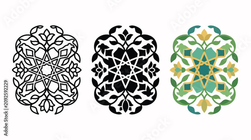 Decorative floral pattern set with geometric shapes and leaves in line art and colored styles Vector