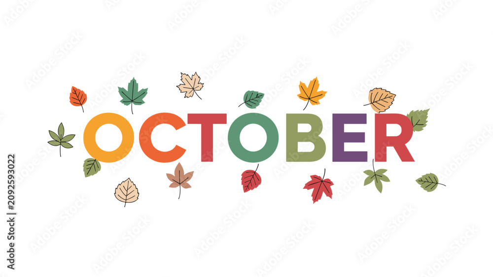 Fototapeta premium Word october is written in colorful letters and surrounded by falling autumn leaves in various shades of orange green and brown on white.