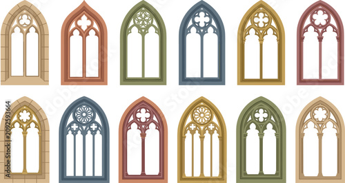 Gothic Church Window Frame Collection with Ornamental Medieval Architectural Vector Design Set
