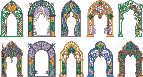 Elegant Ornamental Gothic Arch Frame Collection with Floral Decorative Vector Design Set