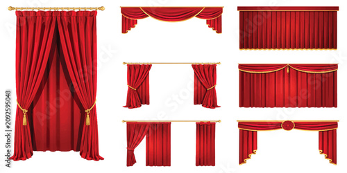 Photos Set of luxury red curtains and drapes for theater stage or window decoration