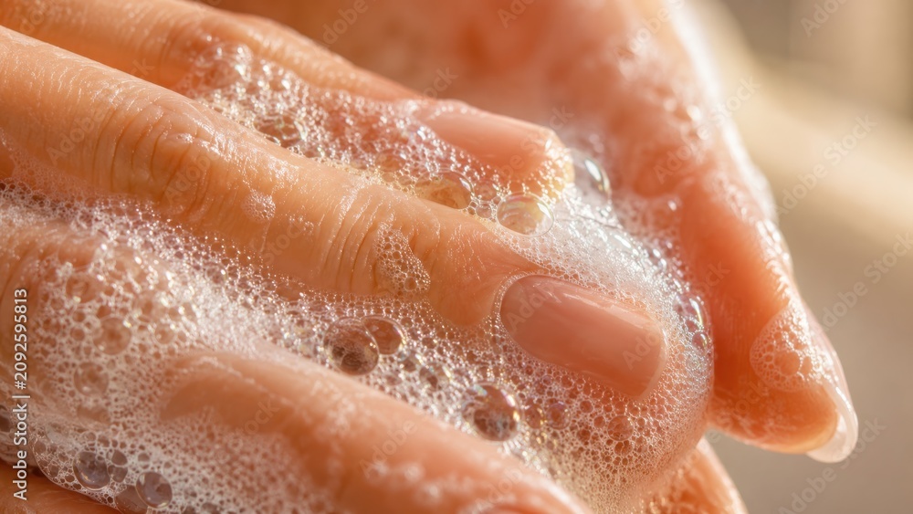 Fototapeta premium Close up of hands washing with soapy foam lather