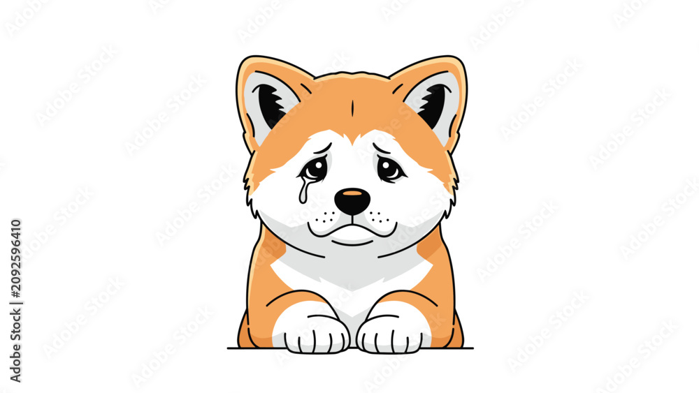 Fototapeta premium Heartbreaking illustration of a sad Akita puppy with a single tear on its cheek looking down in lonely sorrow.