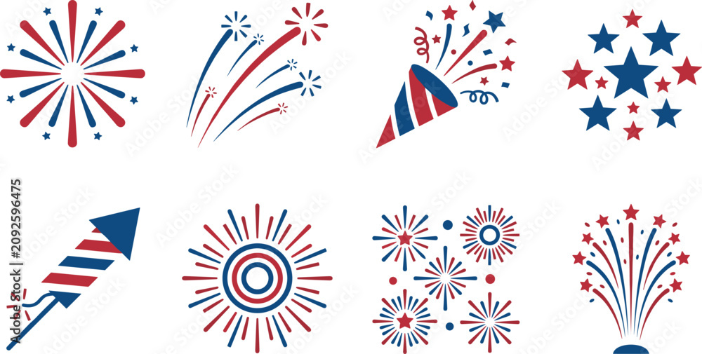 Fototapeta premium Patriotic Fireworks Celebration Icons Set in Red Blue Colors for Holiday Event Design