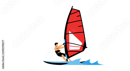 Foto Windsurfing silhouette with a red sail and rider on blue waves vector illustrati