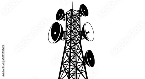 Cell tower with multiple satellite dishes black silhouette against a white background telecom transmission antenna