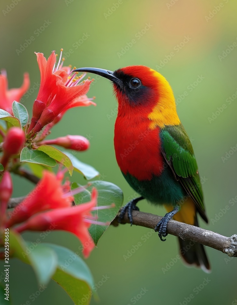 Fototapeta premium Colorful tropical bird sits on branch near bright red flower. Small creature feeds on nectar in garden. Wild animal with yellow red, green feathers looks at blossom. Exotic wildlife species rests on