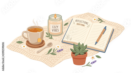 Cozy self care routine with tea candle and journal for reflections and relaxation