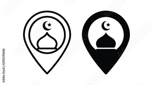 Black and white map pointer icons with mosque dome and crescent moon symbols Vector