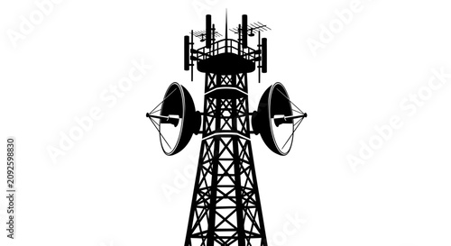 Fotografie Communication tower with satellite dishes a stark black silhouette against a whi