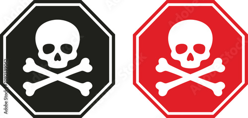 Minimalist skull and crossbones danger warning sign set in octagonal frames vector illustration
