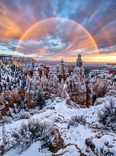 Double rainbow over snowy canyon rock formations at sunset with landscape outdoors wilderness national formation beautiful colorful