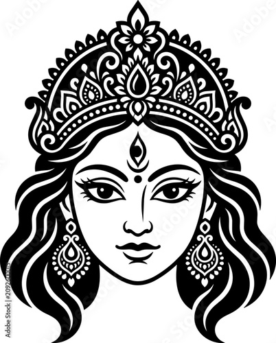 Goddess Durga Face Illustration Black and White Vector Art