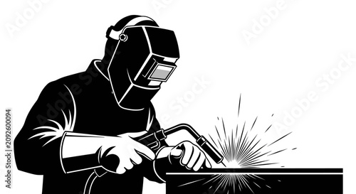 Bild auf Leinwand Welder with protective mask and torch black silhouette welding fabricator metalw