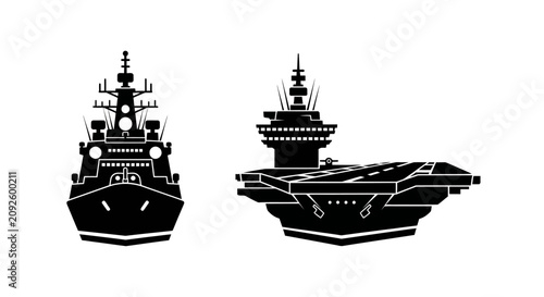 Photos Two naval warships a destroyer and aircraft carrier in black silhouette ship ves