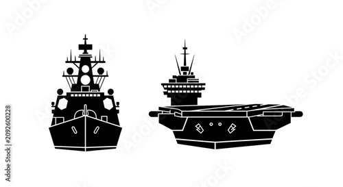 Foto Two naval warships a destroyer and an aircraft carrier depicted as a black silho