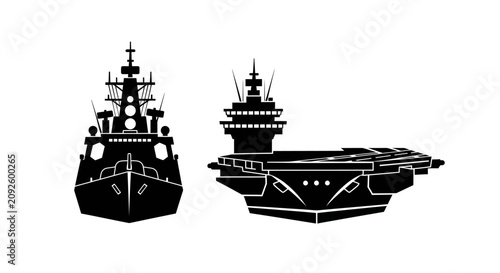 Two naval vessels a destroyer and aircraft carrier in black silhouette ship vessel carrier maritime