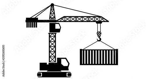 Schilderij op canvas Tower crane lifting shipping container black silhouette construction container c