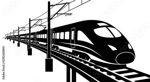 Bild auf Leinwand A sleek high speed train travels along the tracks in a black silhouette railroad