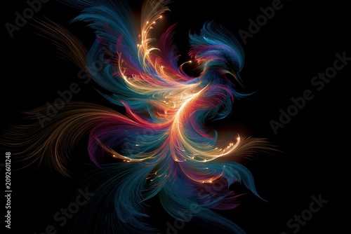 Colorful abstract design with swirling shapes and patterns on a dark background that creates a sense of movement and energy in the artwork