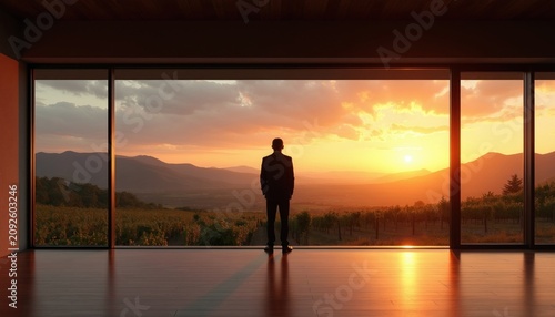 Man in suit stands by large window overlooking vineyard hills at sunset. Modern home interior with warm golden light reflection on floor. Peaceful view of nature and countryside.