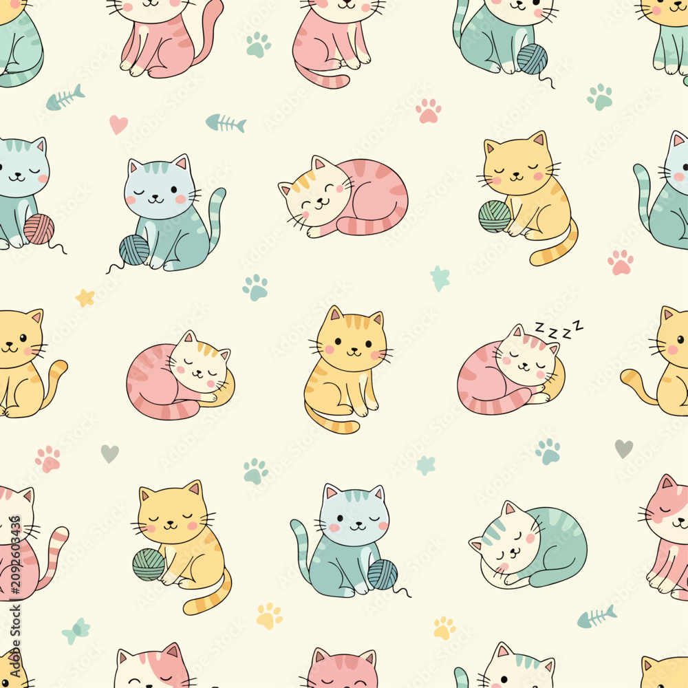 Obraz premium Pastel Cat Nursery Print Featuring Cozy Sleeping Kittens and Adorable Yarn Ball Toys
