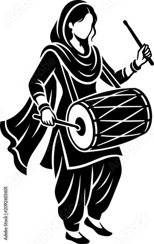 Punjabi Woman Playing Dhol Drum Vector Illustration