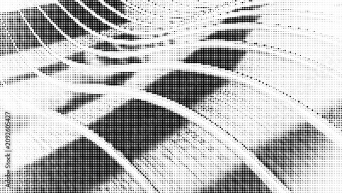 Black and white abstract halftone pattern with curved lines and dots