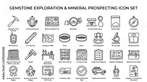 Cuadro en lienzo Gemstone exploration, mineral prospecting icons, geology symbols, mining signs,