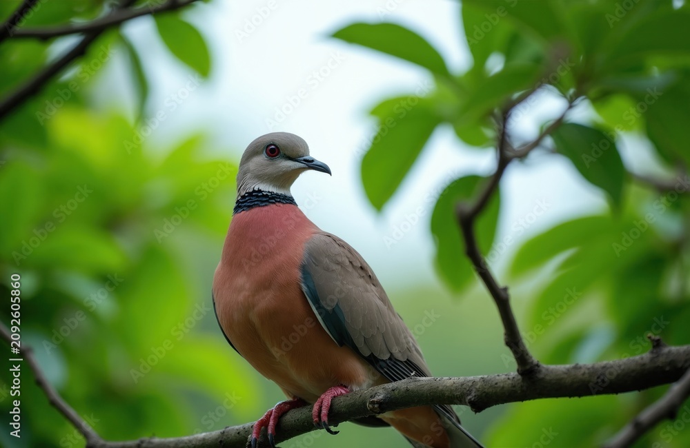 Fototapeta premium Red-collared dove perches on tree branch in green leaves. Bird has grey head pink body bright red eye. Its beak is black grey wings subtle blue tint.