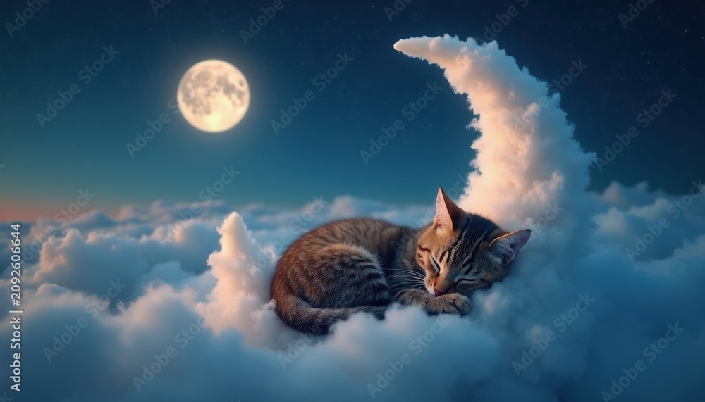 Obraz premium Small tabby kitten slepic on soft cloud shaped like crescent moon in night sky. Full bright moon glows above white fluffy clouds. Cute feline rests peacefully in magical surreal dreamscape. Fantasy