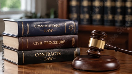 Stack of leather bound law books titled Constitutional Law, Civil Procedure and Contracts Law sits beside a wooden gavel on a polished desk rendered in high resolution detail