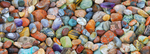 A Focus Stacked Close-up Panoramic Image of Tumbled Rocks Found on the Shore of Lake superior