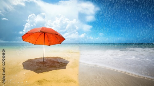 Orange beach umbrella dividing stormy and sunny beach, climate change concept