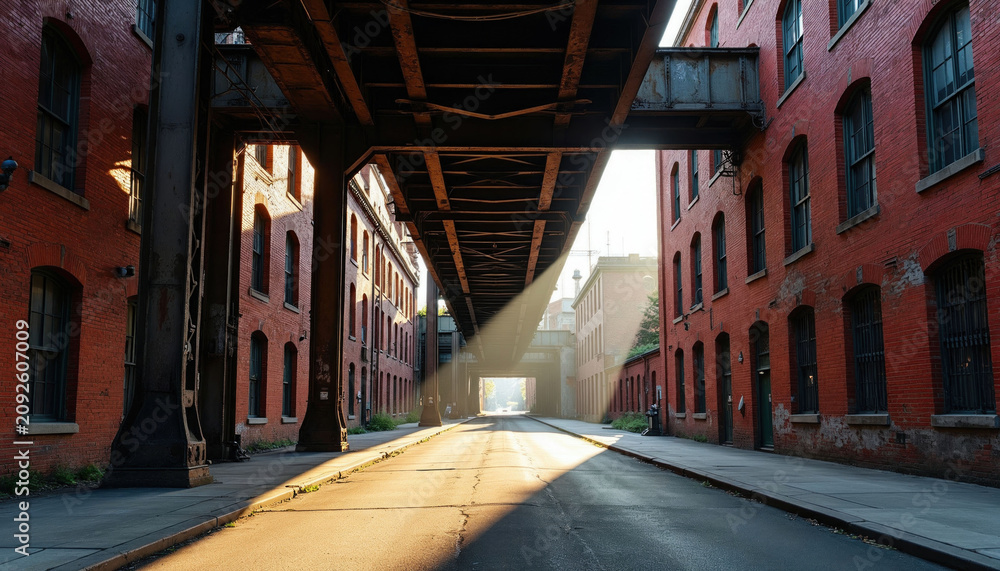 Obraz premium Sunlight beams on empty street between old brick buildings and elevated railway bridge. Red brick facades and metal infrastructure create urban industrial contrast.