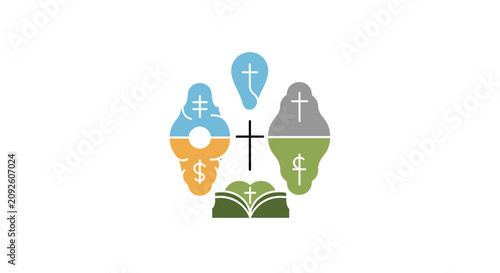 Fotografie Religious symbol combining cross, open bible, and various icons representing different aspects of faith