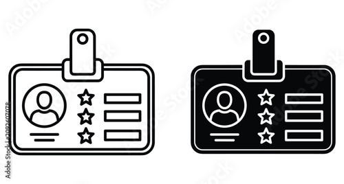 Identification card badge icons with profile photo and star rating symbols for employee security access and corporate membership verification systems