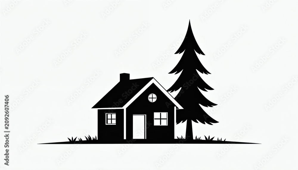 Obraz premium Minimalist black and white graphic of a simple house next to a tall pine tree. Clean lines and flat design suggest a modern, conceptual icon for real estate or nature themes.