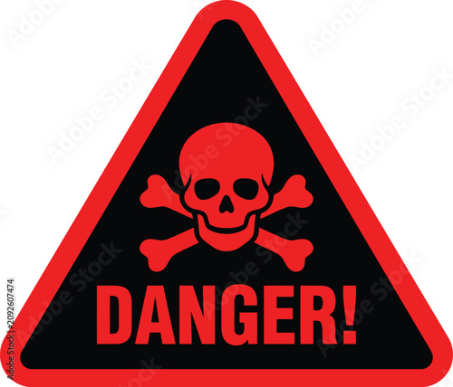 Принти на полотні Triangular danger warning sign with red skull and crossbones vector illustration