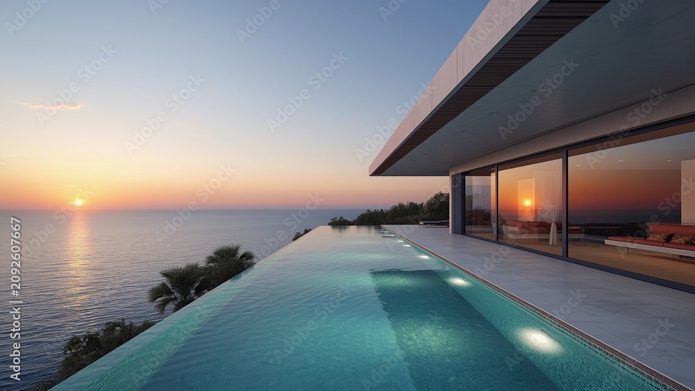 Fototapeta premium Luxury modern villa overlooking turquoise ocean, minimalist architecture, stunning sunset reflections everywhere.