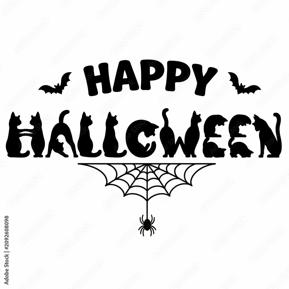 Obraz premium Halloween Happy Halloween black cat typography, spooky feline silhouette lettering with spider web and bats, holiday vector illustration isolated on White Background Halloween