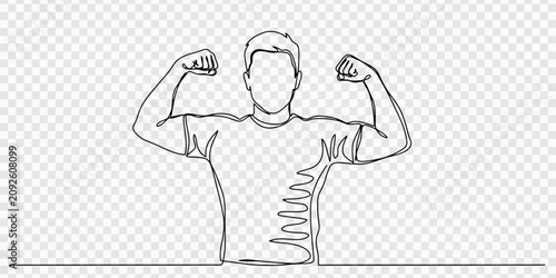 Obraz na płótnie One line drawing of muscular man flexing arms fitness silhouette illustration, transparent background, A muscular man flexing his arms and showing his biceps and six pack abs in a simple line drawing