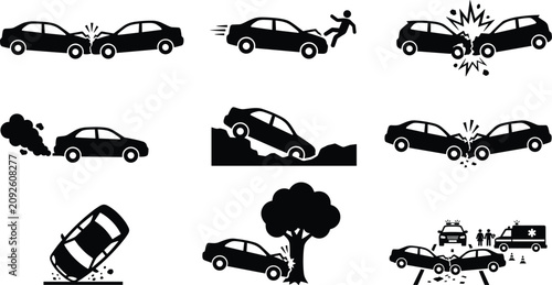 Quadro su tela Car accident icons depicting various vehicle crashes collisions damage and traffic incidents vector pack
