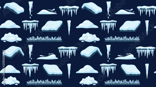 Fotografía Seamless pattern of winter icicles and snowdrifts on dark blue background, festive winter theme, cartoon style