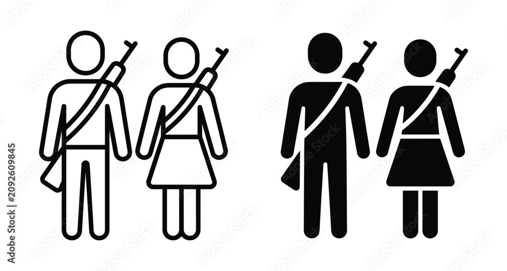 Fototapeta premium Soldier man and woman icons with rifles on back in outline and solid silhouette styles for military or defense concepts