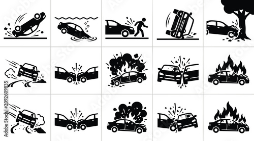 Obraz na plátně Set of black car accident icons showing various crash scenarios including vehicle collision rollover fire damage