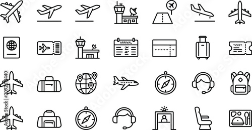 Photos Travel Icons Set Linear Style On White Background