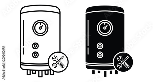 Water heater repair icon set showing boiler maintenance service with wrench and screwdriver tools for plumbing and home appliance fix