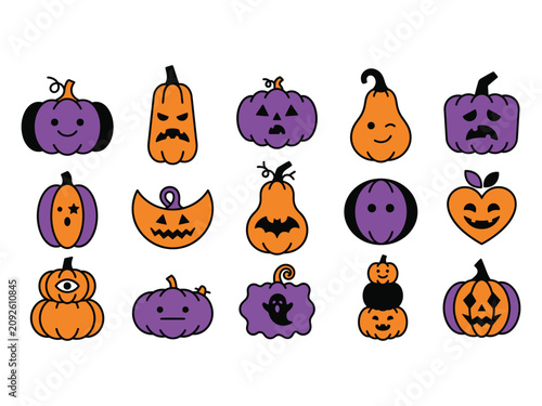 Cute Minimal Halloween Pumpkin Characters Bundle, Kawaii Jack O Lantern Cartoon Vector Clipart Set