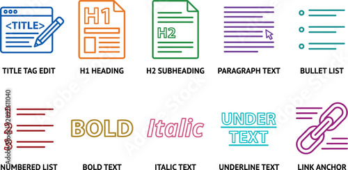 Seo and content writing icons for website optimization including title tag headings text formatting lists link building and structure.